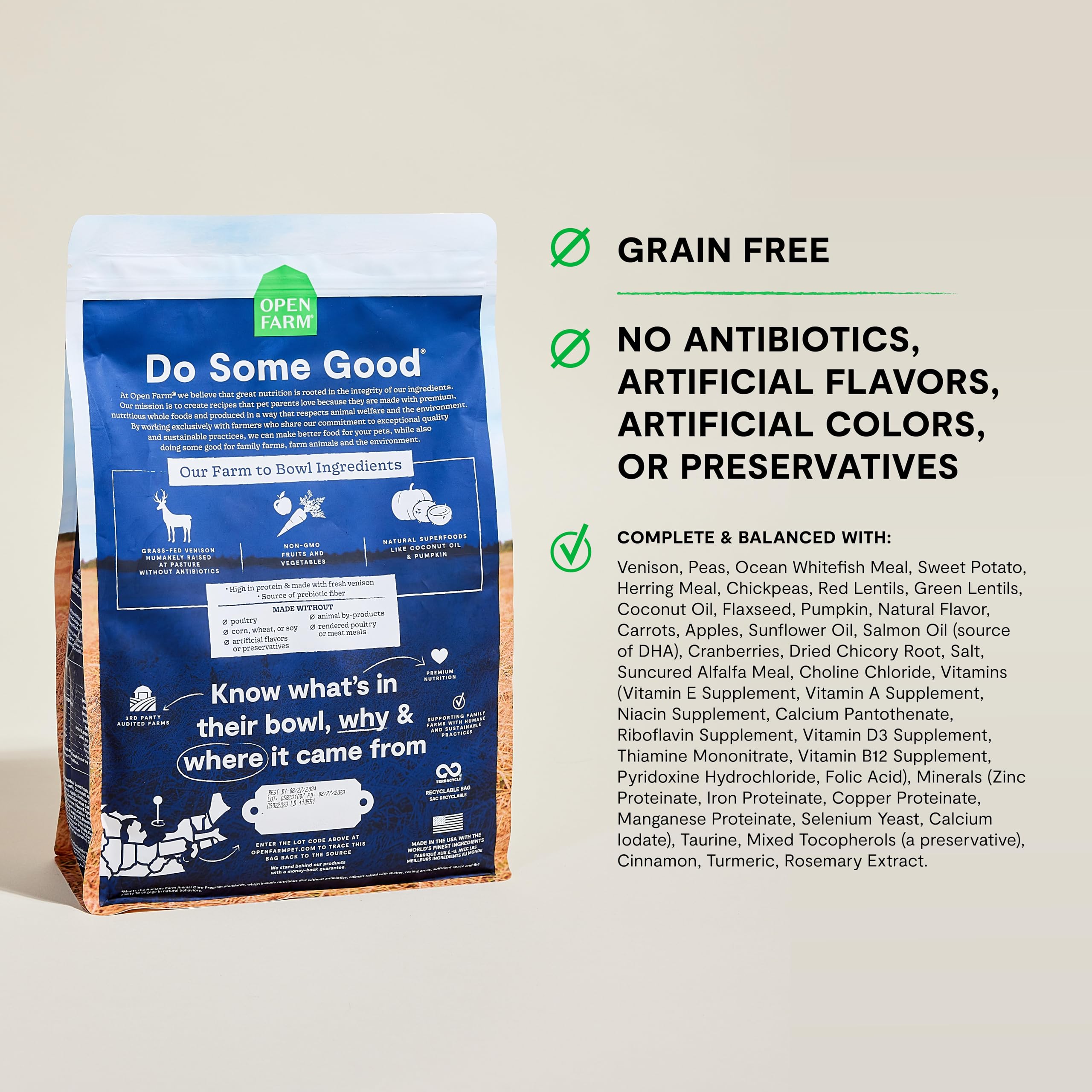 Open Farm grain-free recipe with traceable ingredients for transparency