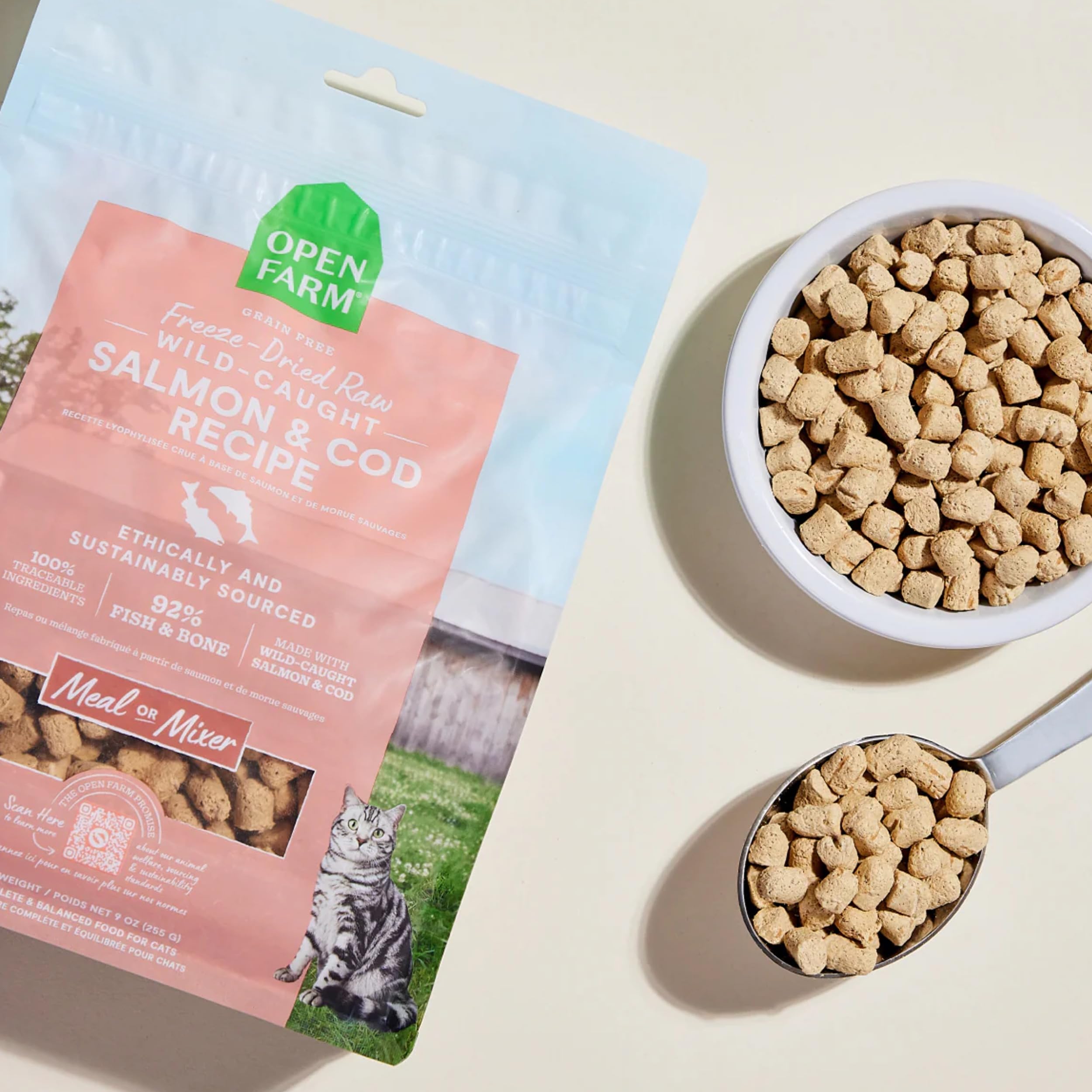 Open Farm wild-caught salmon and cod ingredients close-up show quality protein.