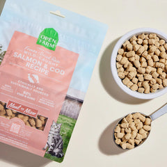 Open Farm wild-caught salmon and cod ingredients close-up show quality protein.