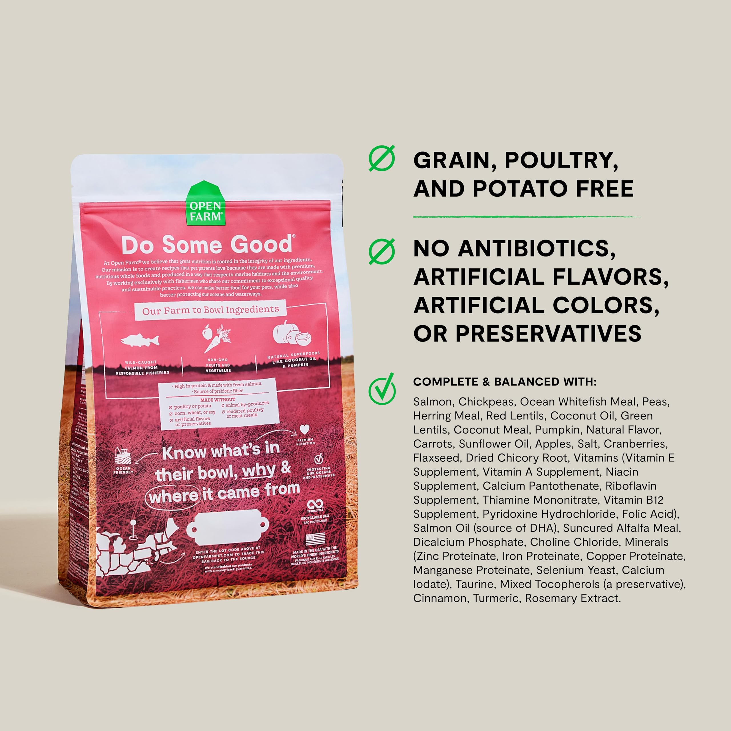 Open Farm wild-caught salmon-recipe salmon-kibble in a bowl highlights protein-rich nourishment.