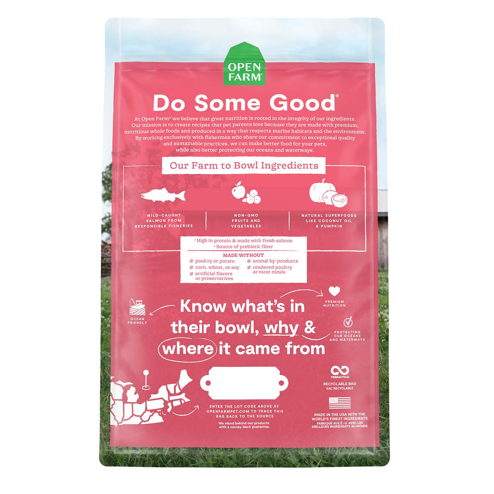 Open Farm Wild-Caught Salmon dry cat food ingredients close-up, highlighting ethical sourcing