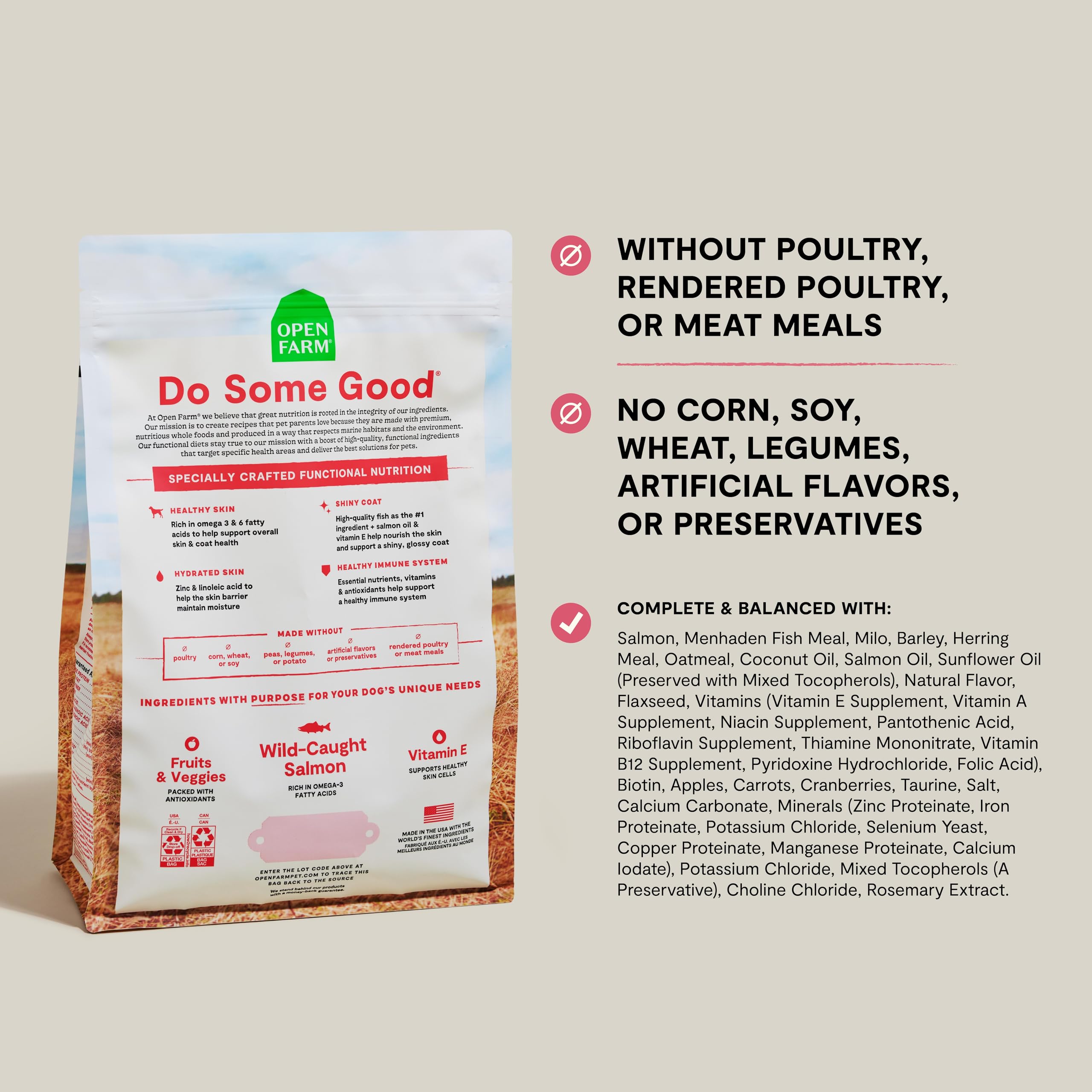 Open Farm wild salmon kibble close-up highlighting quality protein for dogs.