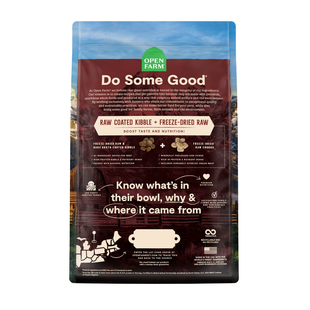 Close-up of Open Farm RawMix kibble highlighting protein-forward bites for dogs
