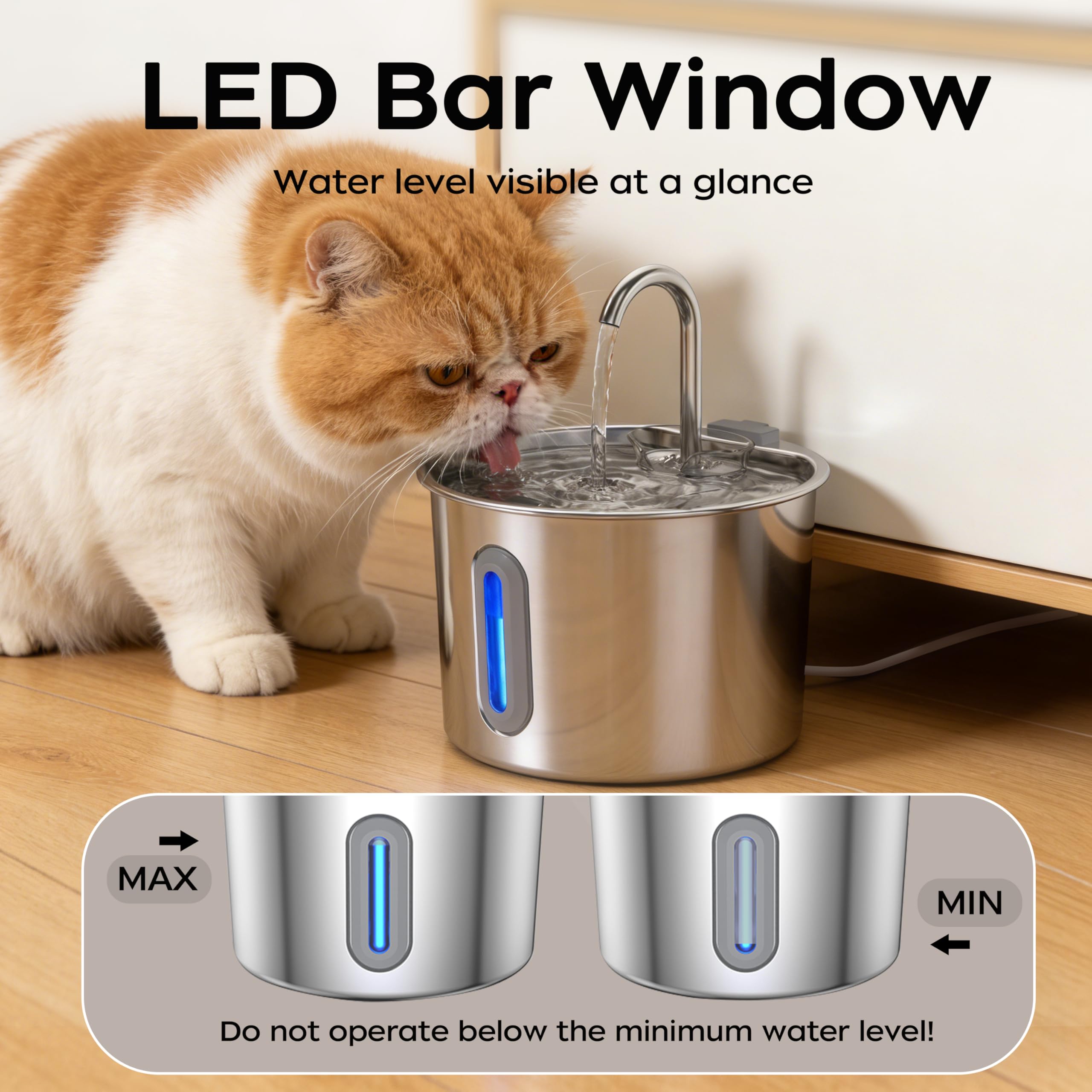 Opeth cat water fountain top view reveals sleek stainless steel finish.
