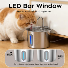 Opeth cat water fountain top view reveals sleek stainless steel finish.