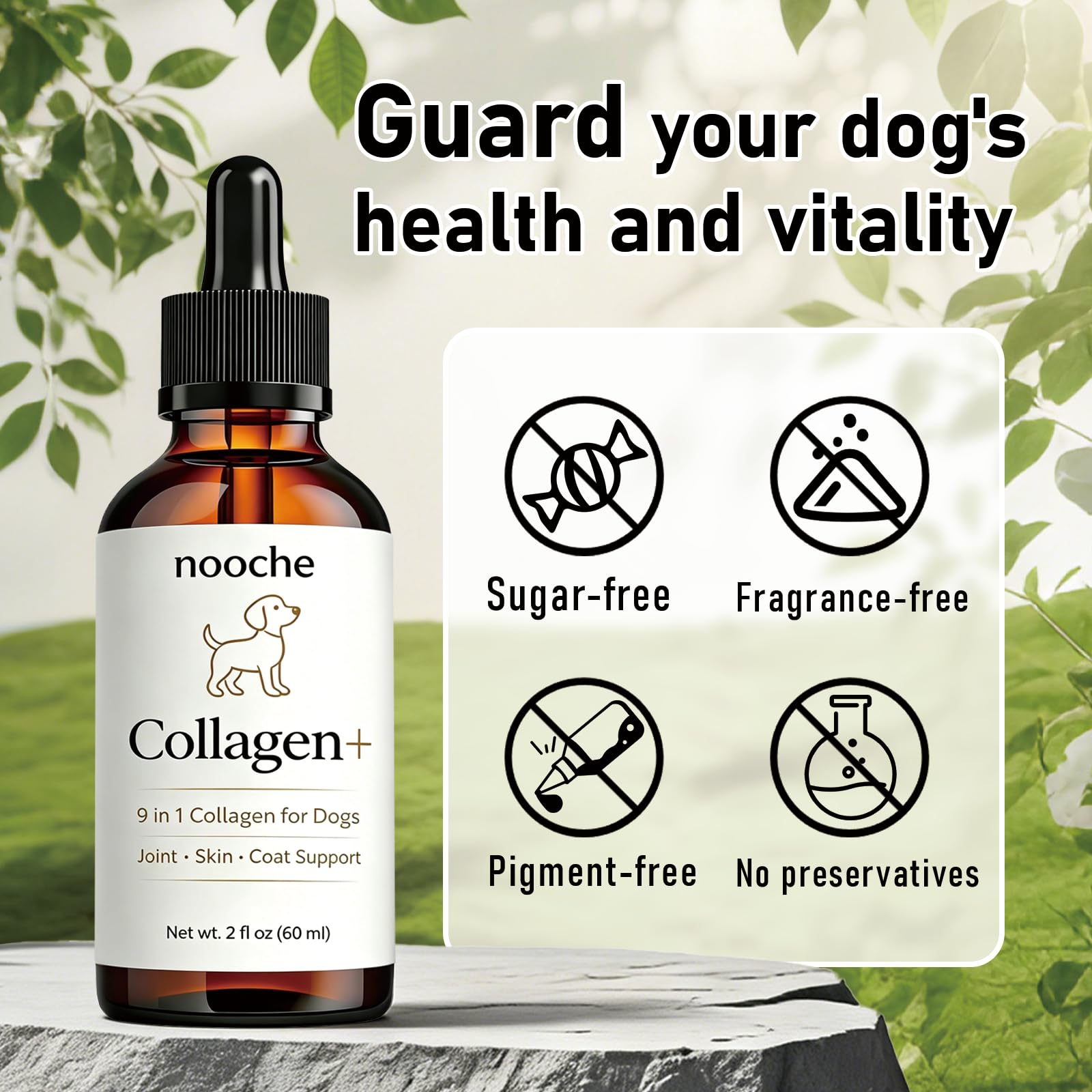 Optikind Nooche Collagen Drops meal-mix image shows easy addition to dog food.