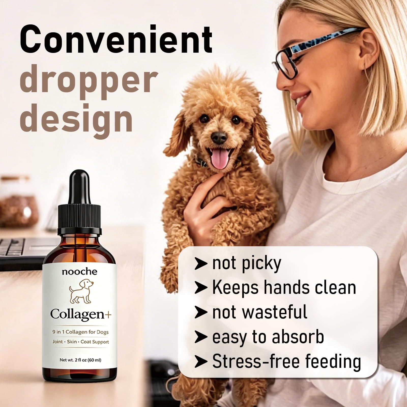 Optikind Nooche Collagen Drops pour demonstrates effortless mixing with meals for dogs.