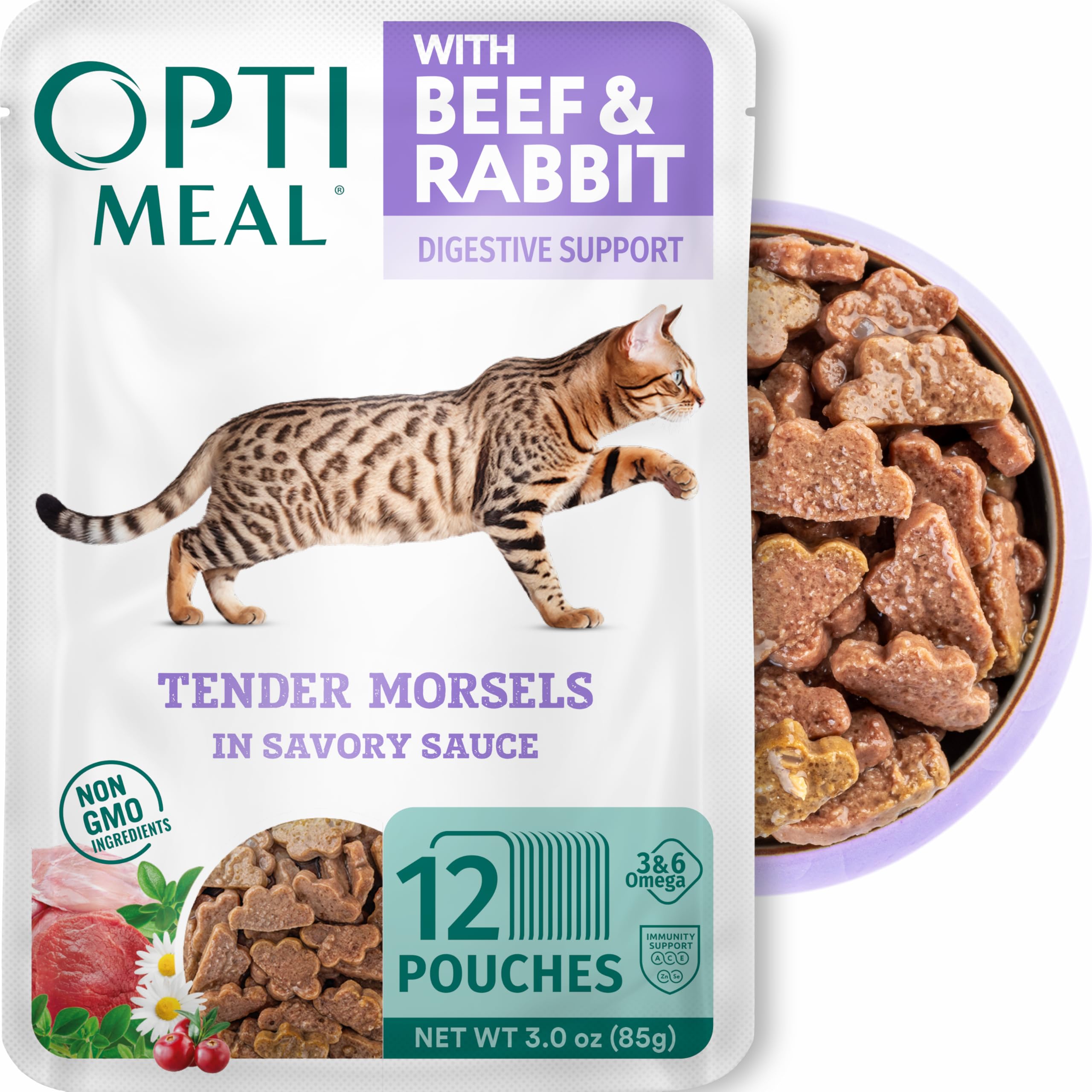 Optimeal beef and rabbit wet cat food pouch with tender morsels in savory gravy for indoor cats.