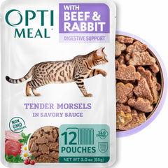Optimeal beef and rabbit wet cat food pouch with tender morsels in savory gravy for indoor cats.