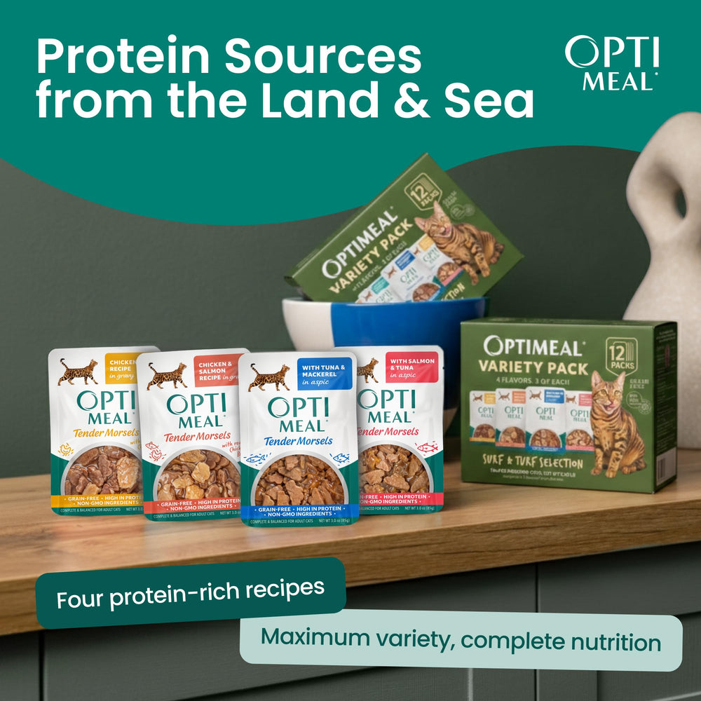 Optimeal chicken-salmon pouch with tender morsels ideal as a meal topper