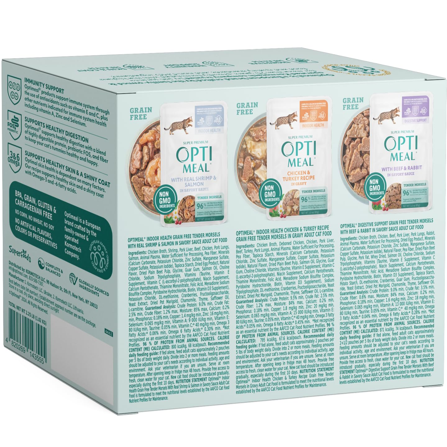 Optimeal European ingredients cat food in 3oz pouch.