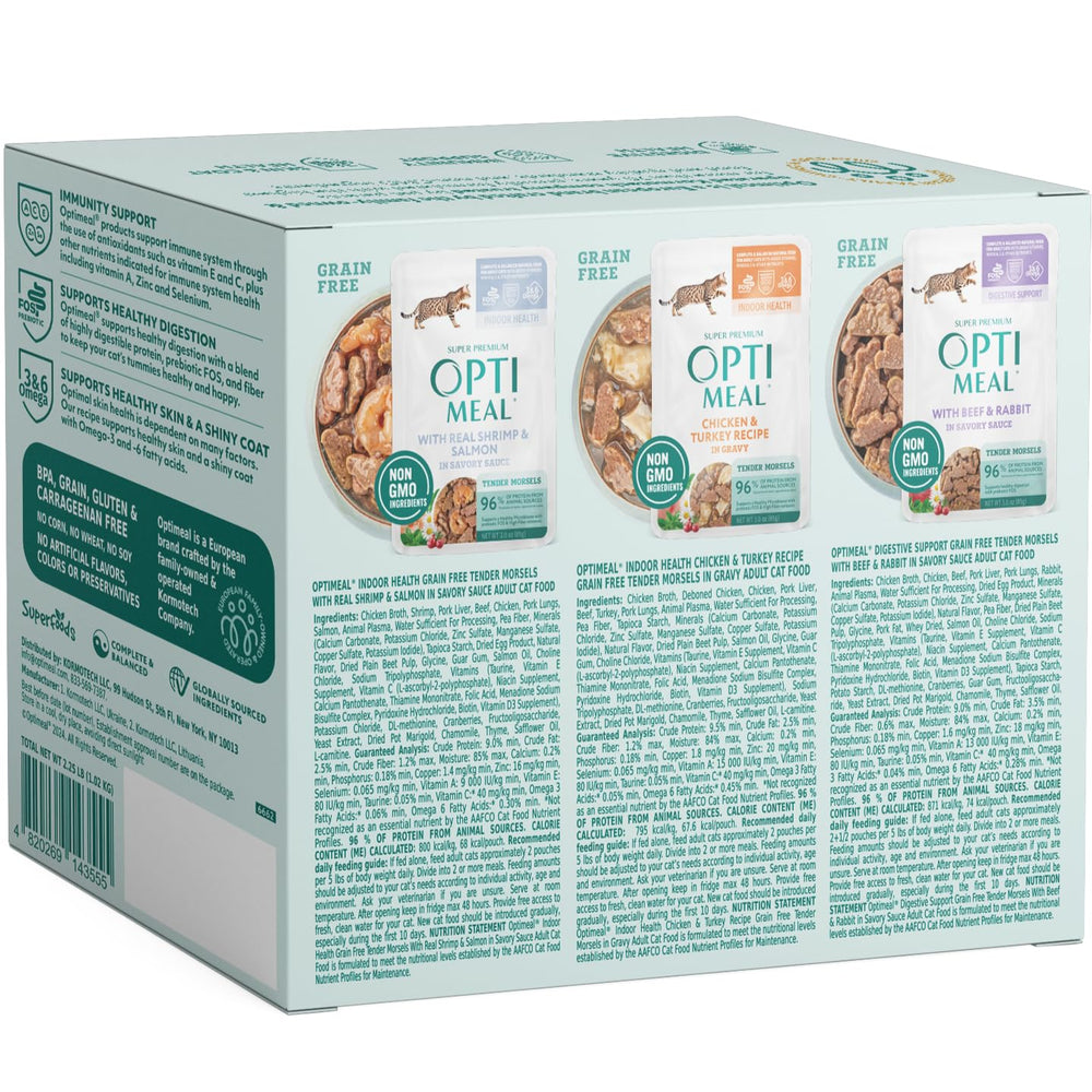 Optimeal European ingredients cat food in 3oz pouch.