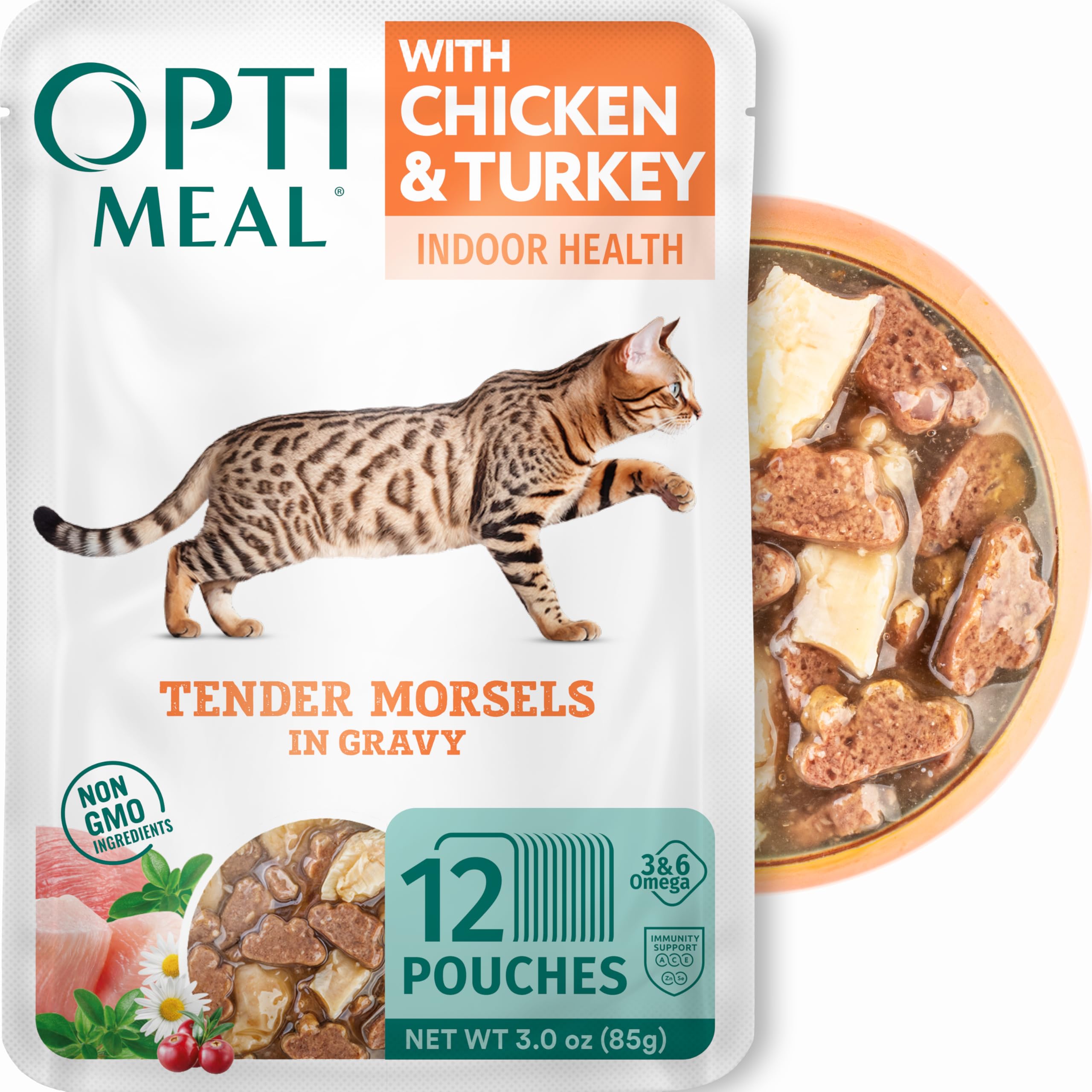 Optimeal packaging shows chicken and turkey in savory gravy for indoor cats.