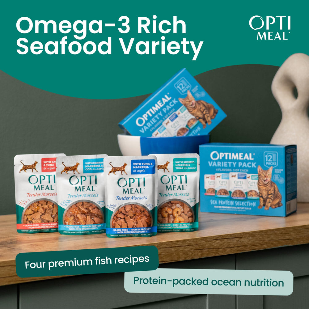 Optimeal salmon and tuna in savory gravy for adult cats, protein-rich