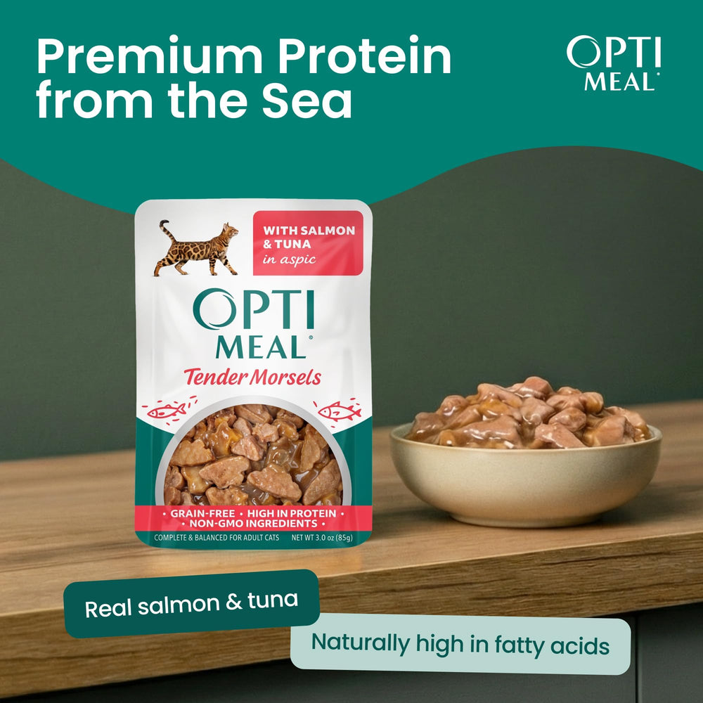 Optimeal Serving Idea photo shows cat enjoying as topper over dry kibble.