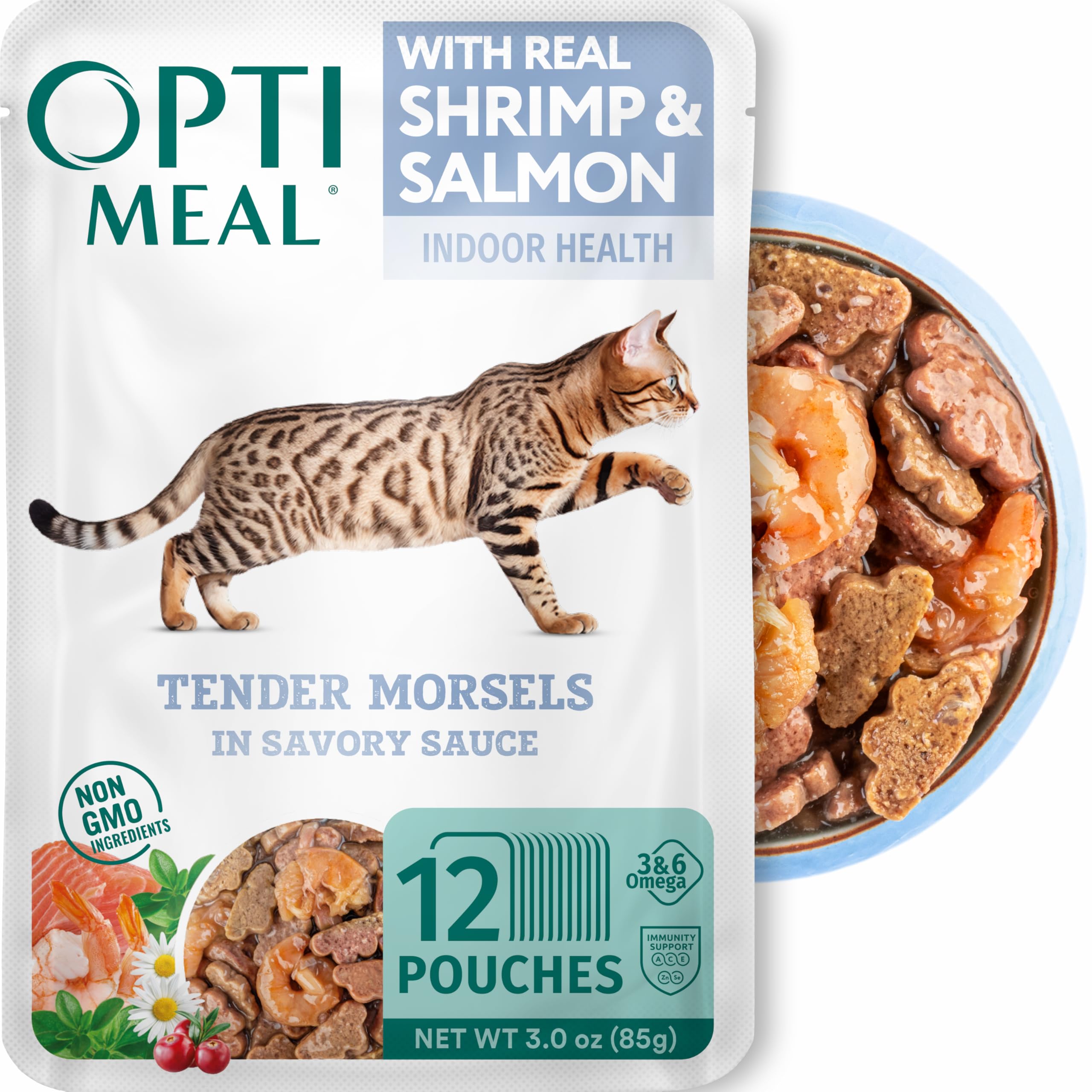 Optimeal shrimp-salmon-gravy-pouch with real protein for a tasty, balanced meal.