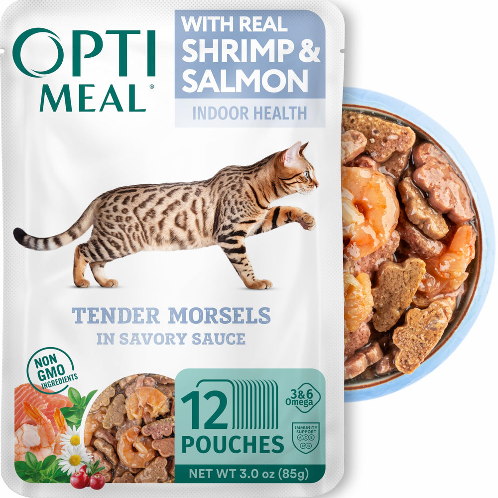 Optimeal shrimp-salmon-gravy-pouch with real protein for a tasty, balanced meal.