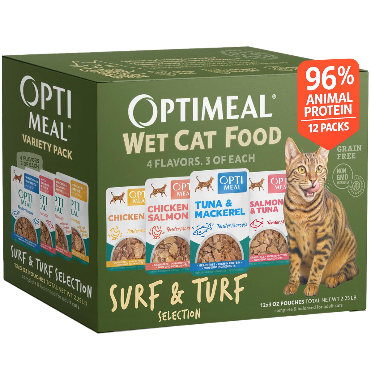 Optimeal Surf & Turf pouch showing protein‑rich chunks in gravy for adult cats