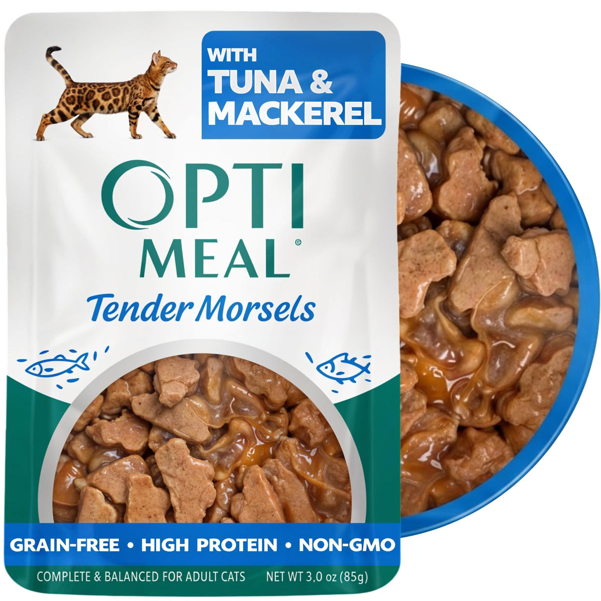Optimeal Surf & Turf variety pack pouch for balanced cat meals