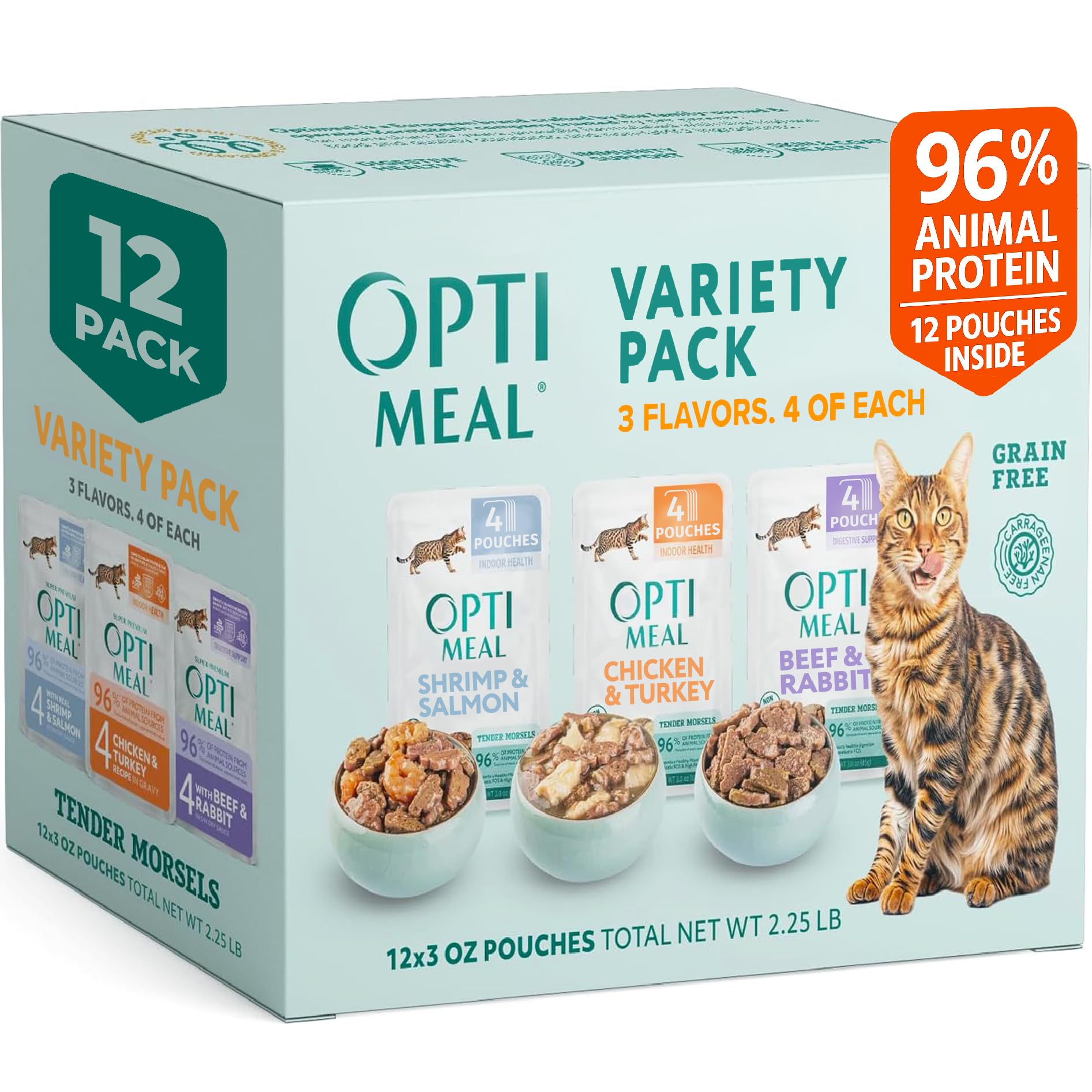 Optimeal variety pack 3oz pouch showing protein variety for balanced meals.