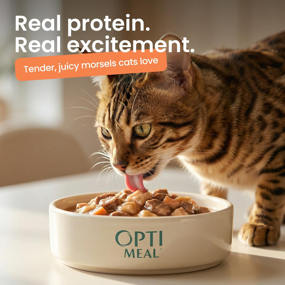 Optimeal chicken in gravy pouch offers high-protein flavor for mealtime satisfaction.