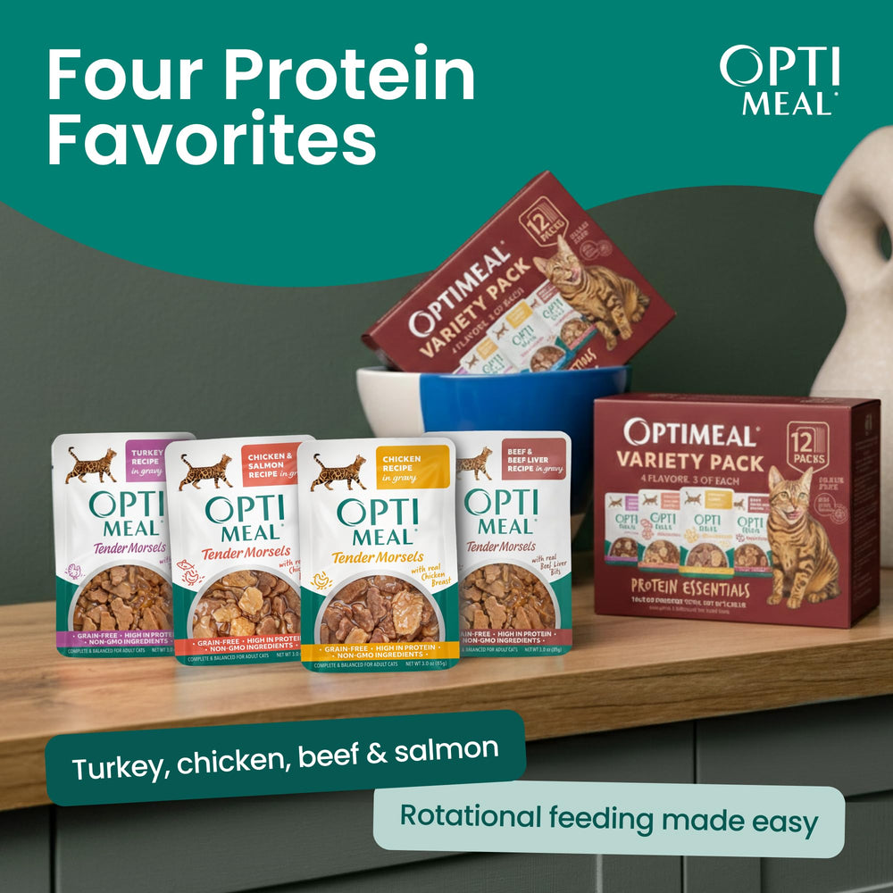 Optimeal grain-free tender morsels highlight grain-free texture for sensitive tummies.