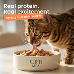 Optimeal real protein in every pouch features fresh meat in savory gravy.