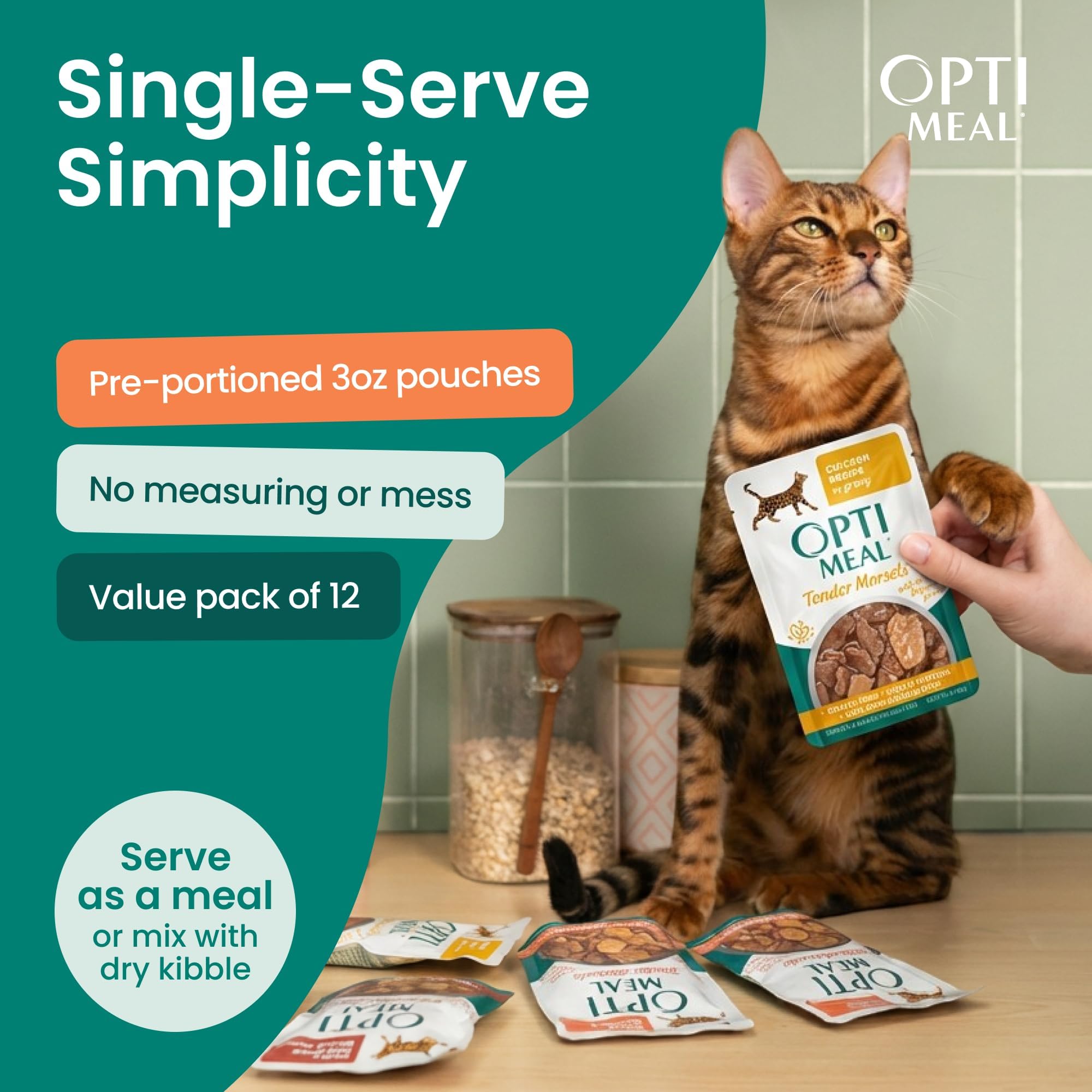 Optimeal serving idea shows cat topping over dry kibble for variety