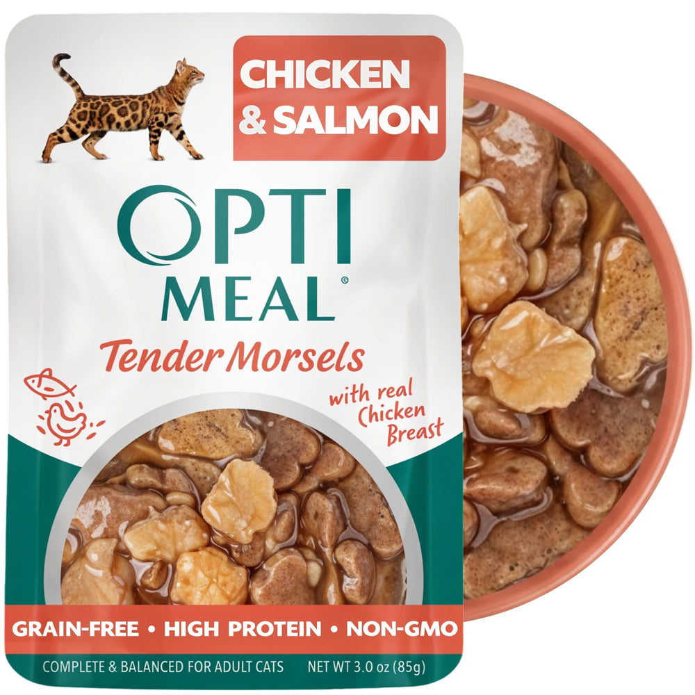 Optimeal wet cat food variety pack—chicken and salmon pouches for flavor variety and nutrition.