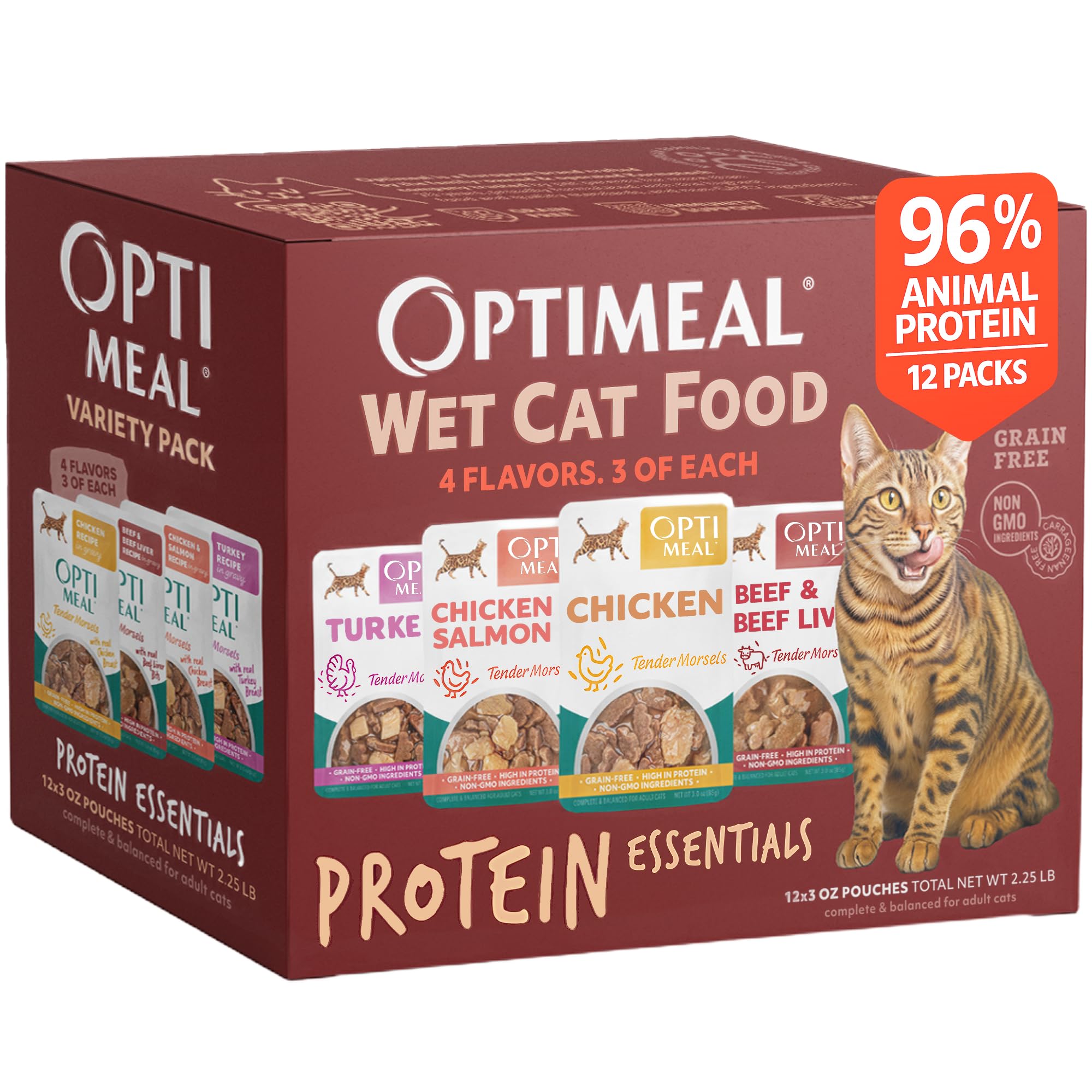 Optimeal wet cat food variety pack with savory protein flavors to entice meals.