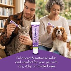 Close-up of OptixCare Eye Lube Plus gel being applied to a pet’s eye.