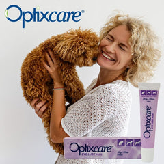 OptixCare Eye Lube Plus for dogs, demonstrating pet eye care product in use