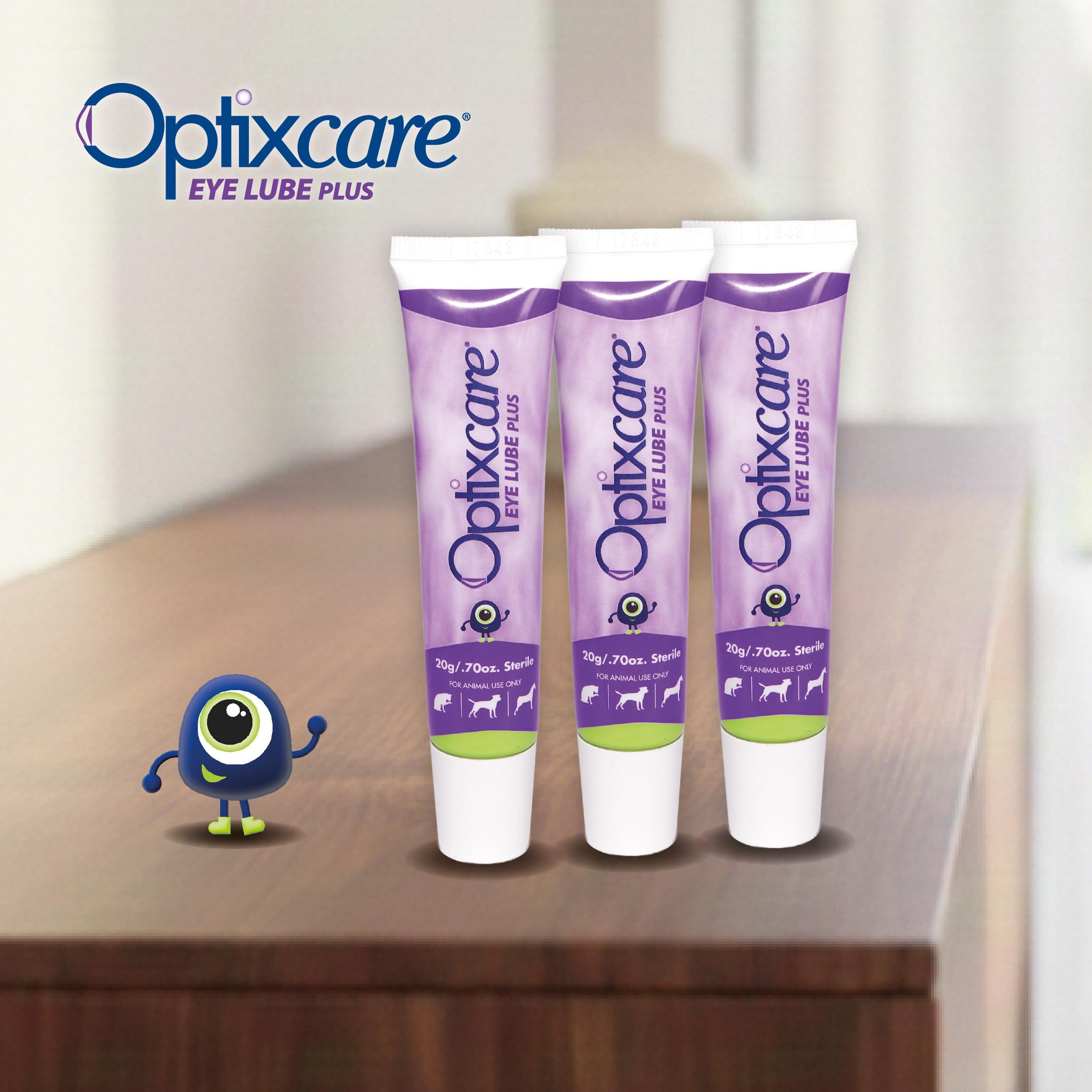 Packaging display of OptixCare Eye Lube Plus Hyaluron stand-up 20g tube