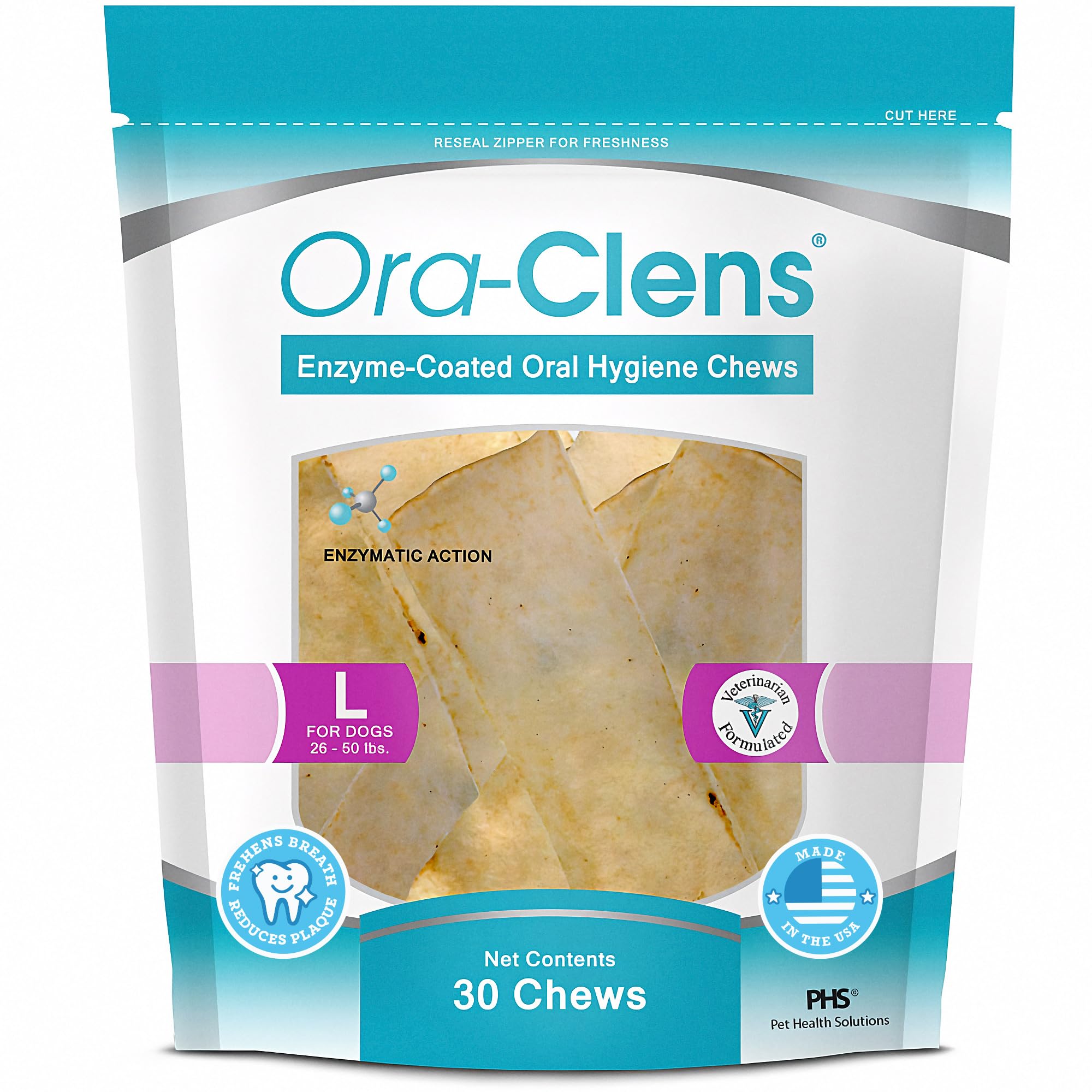 Ora-Clens oral hygiene chews for large dogs in packaging, promoting convenient daily dental care.