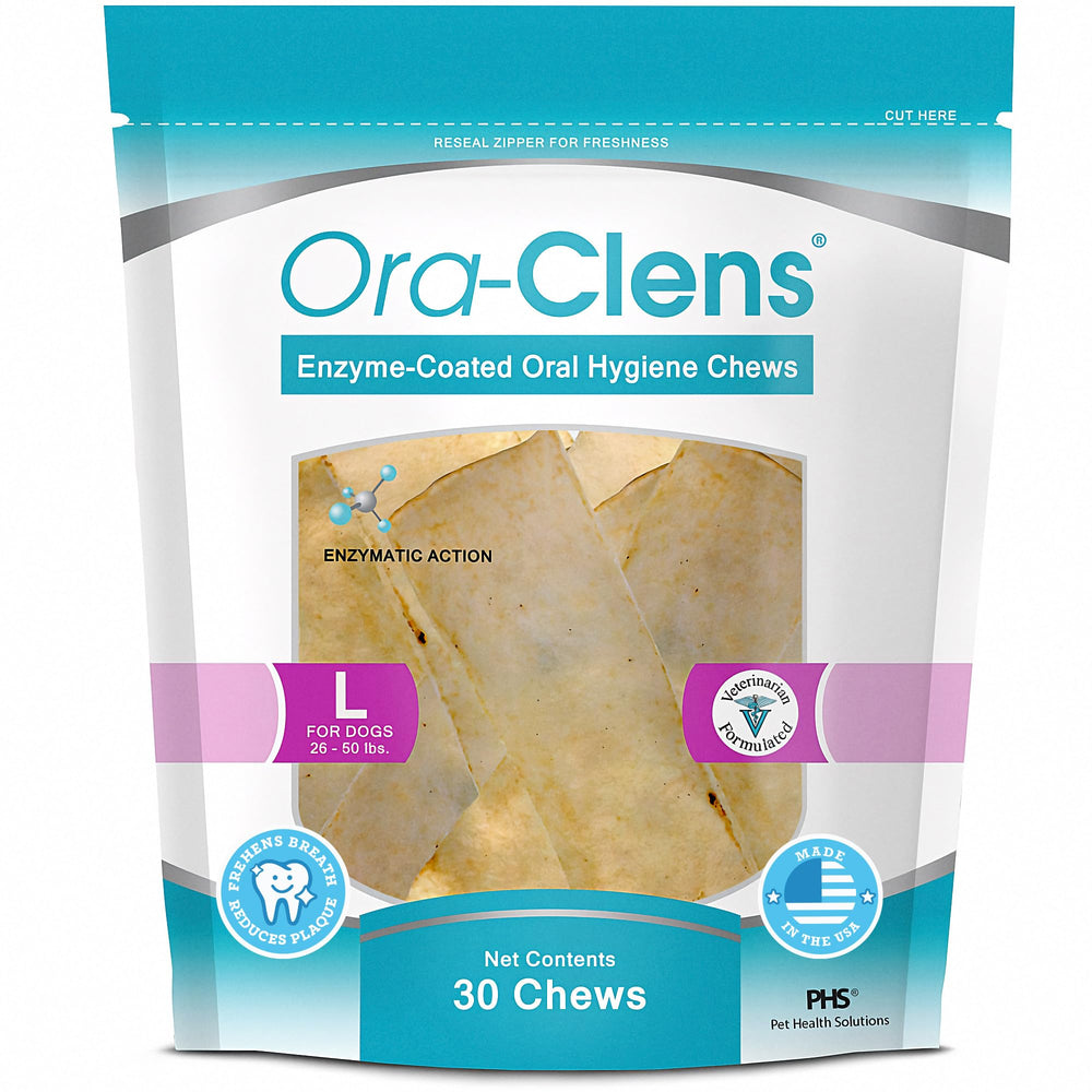 Ora-Clens oral hygiene chews for large dogs in packaging, promoting convenient daily dental care.