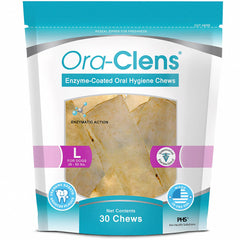 Ora-Clens oral hygiene chews for large dogs in packaging, promoting convenient daily dental care.