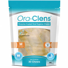 Ora-Clens packaging shows enzymatic chews for daily dog dental care.