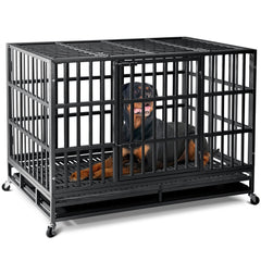 Oranland 48-inch crate front view highlights reinforced steel panels for large dogs