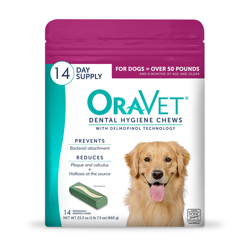 OraVet dental chews in pink pouch for large dogs support daily oral care.