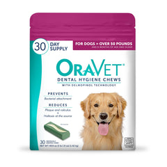 OraVet dental chew in pink pouch front view, convenient packaging for daily use.