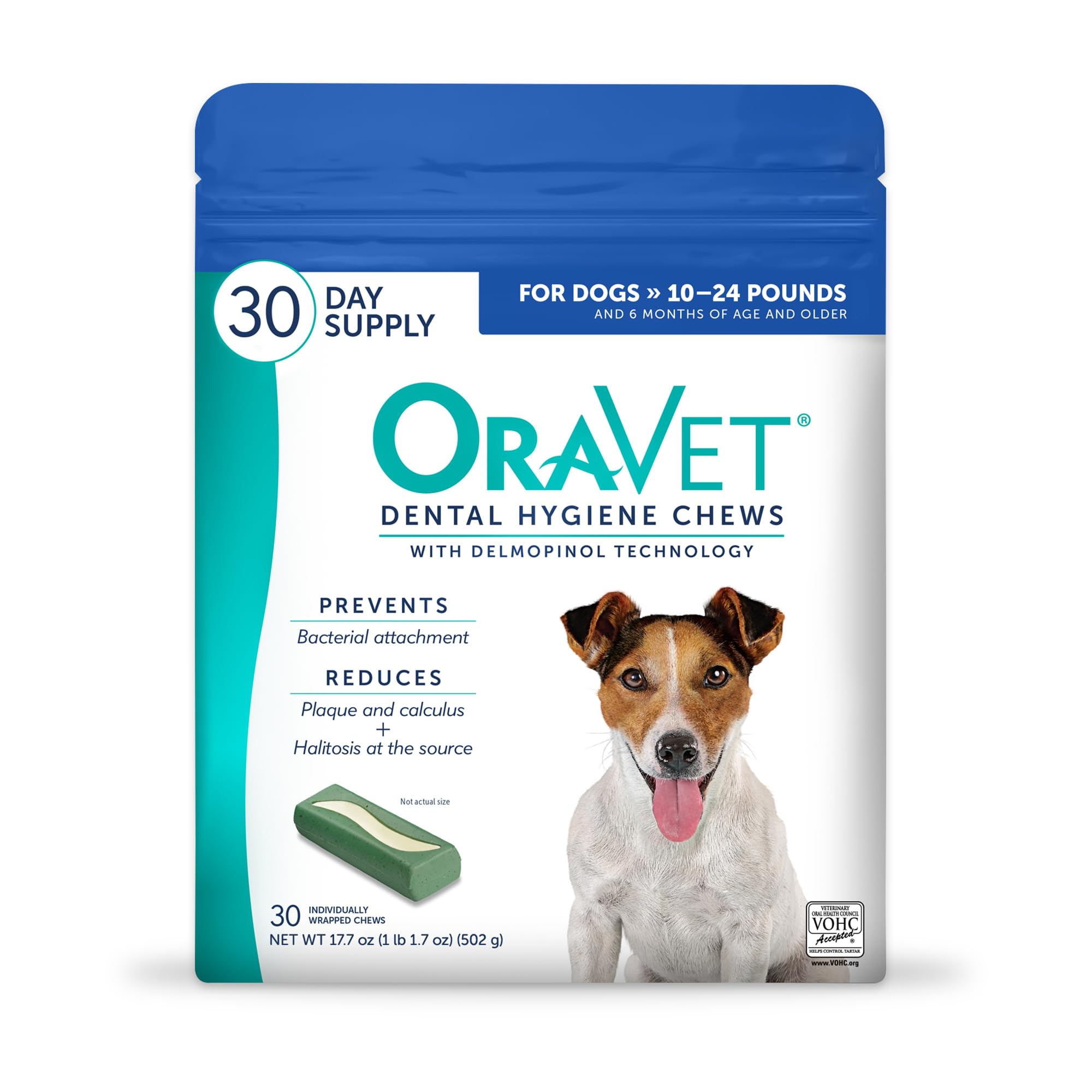 OraVet dental chews for small dogs in a blue pouch improve daily oral care.