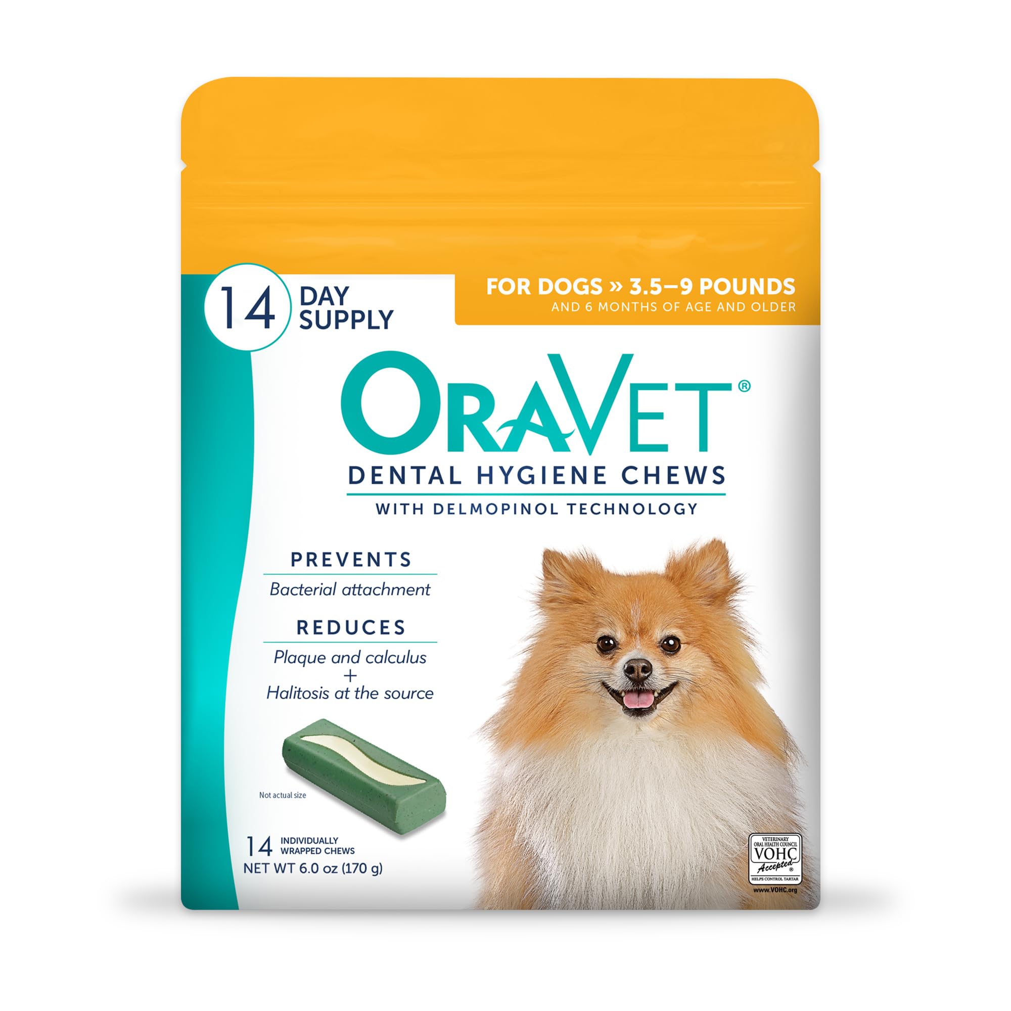 OraVet dental chews in yellow pouch for convenient daily dog care