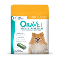 OraVet dental chews in yellow pouch for convenient daily dog care