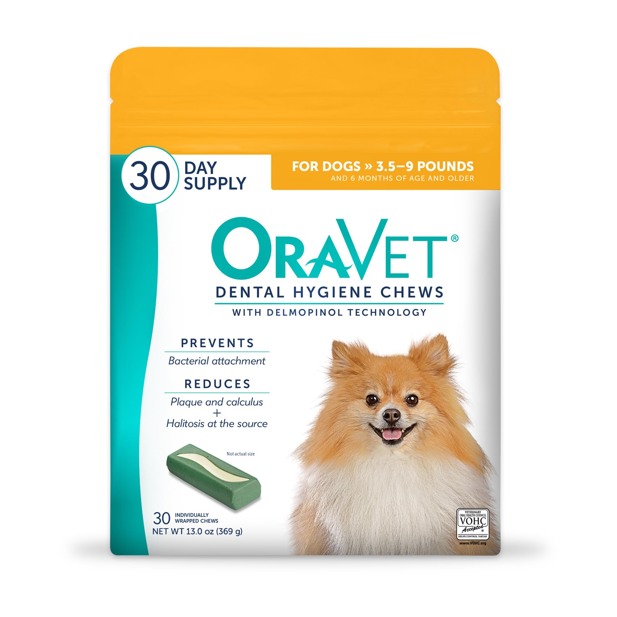 OraVet dental chews in yellow pouch packaging for extra-small dogs.