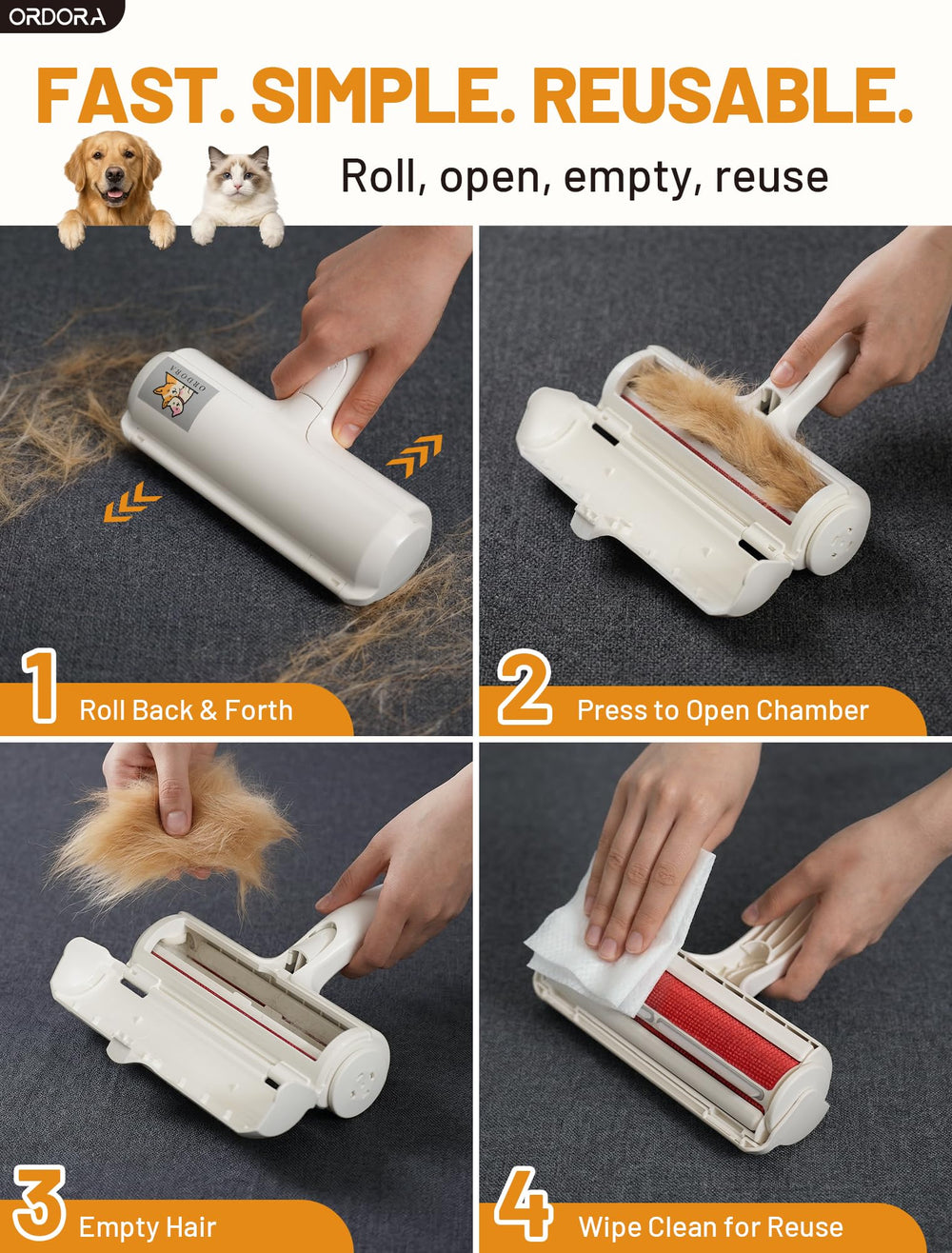 ORDORA pet hair remover on car seat reduces fuzz for cleaner drives.