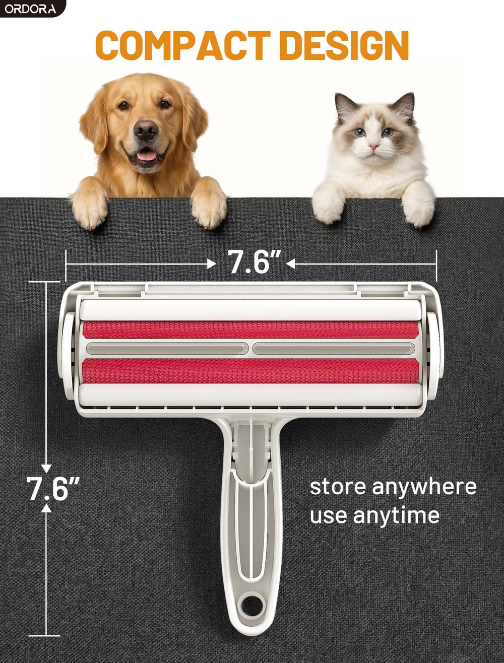 ORDORA compact portable tool for on the go pet hair removal.