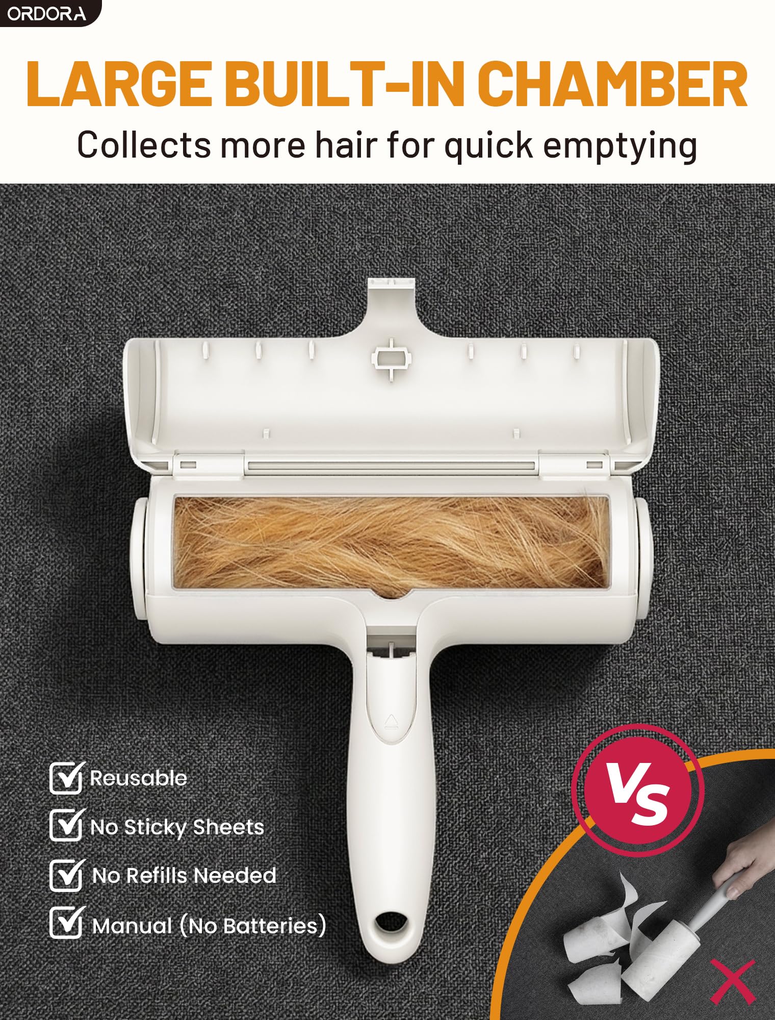 ORDORA built in chamber makes emptying hair quick and mess free.