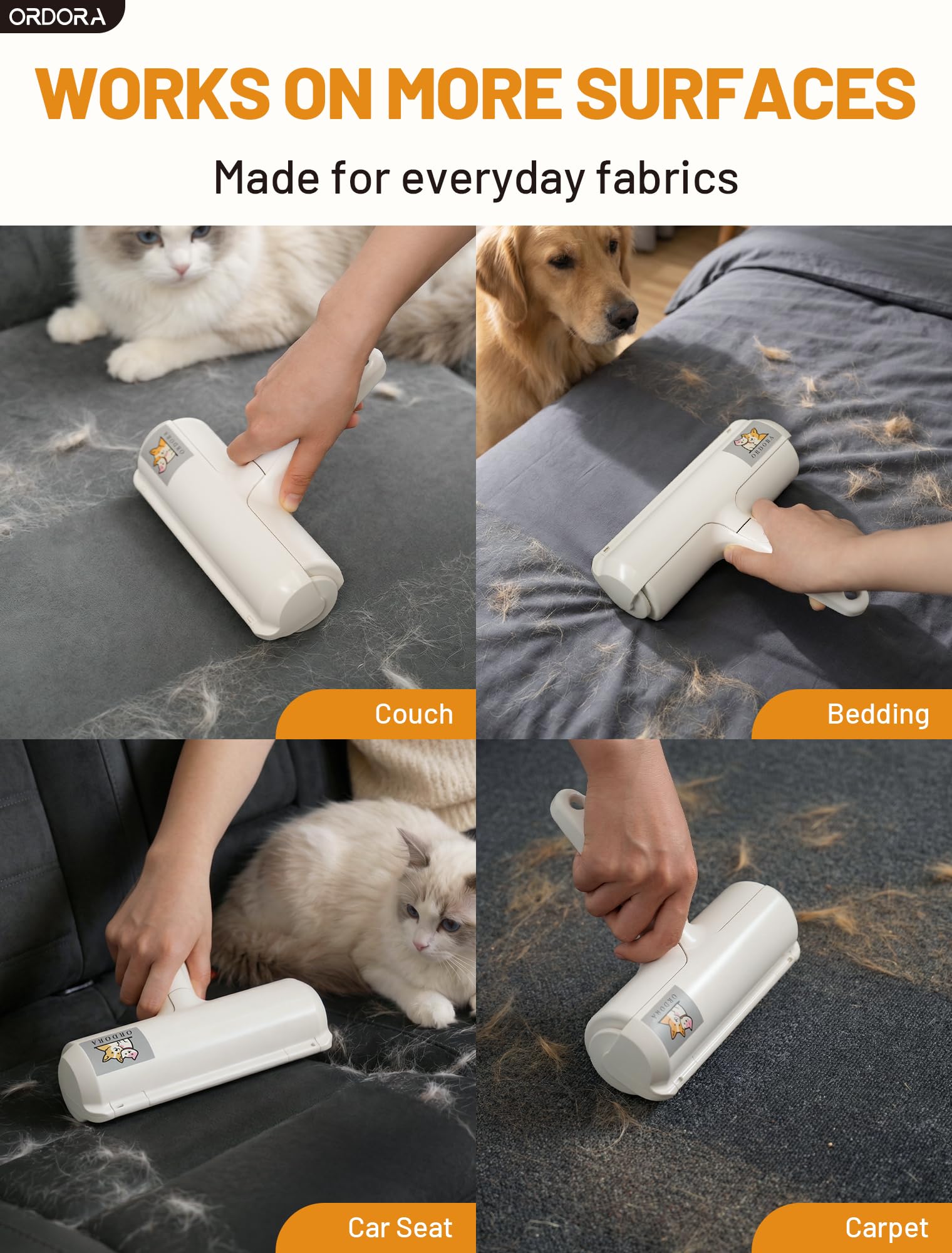 ORDORA roller on rugs captures fur from fabric surfaces.
