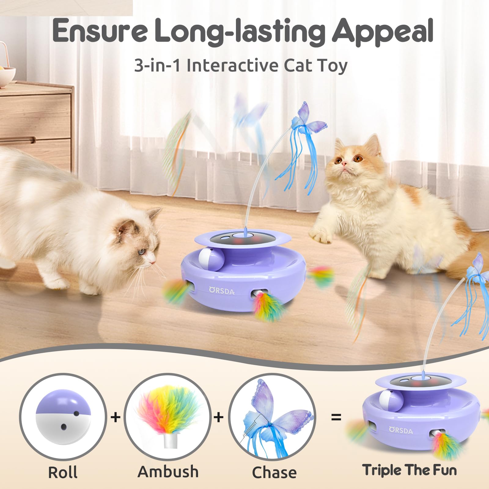 ORSDA cat toy Flutter Butterfly in fabric design invites indoor chase and exercise.