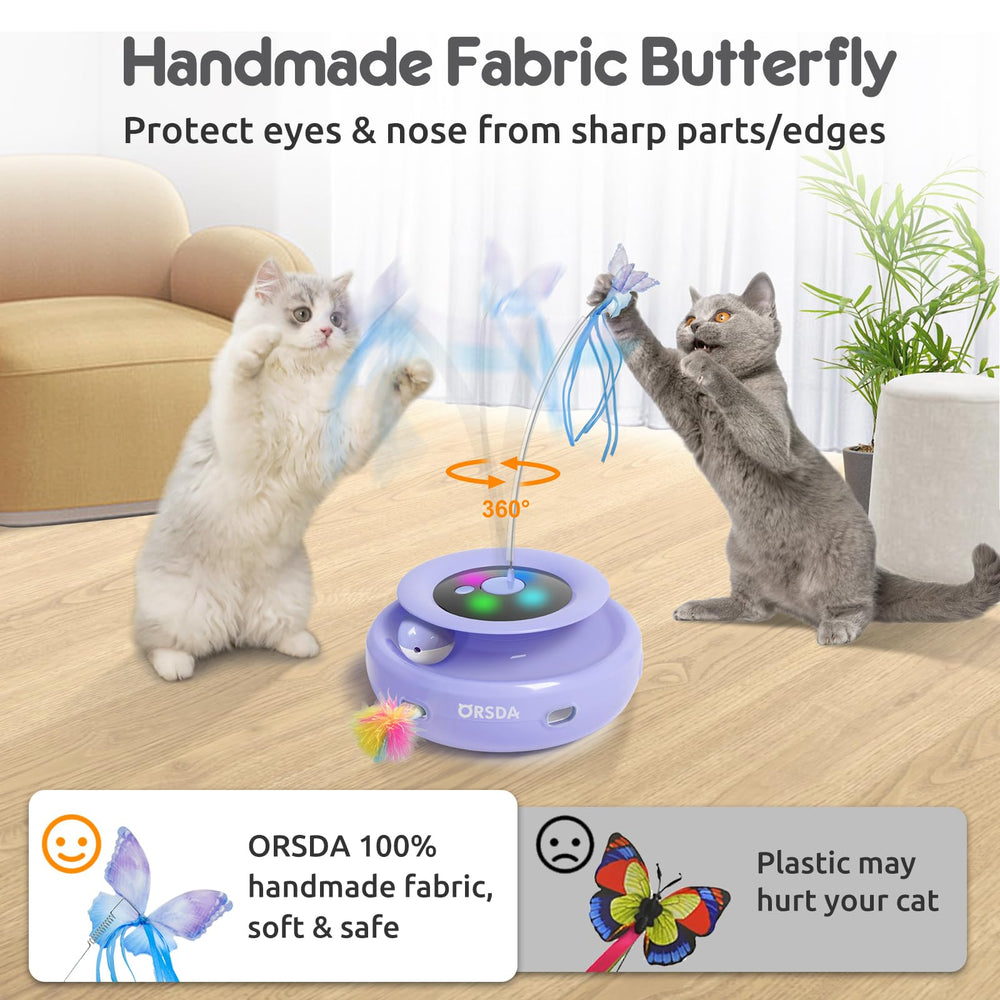 ORSDA cat toy USB Rechargeable enables wireless, flexible placement for playtime.